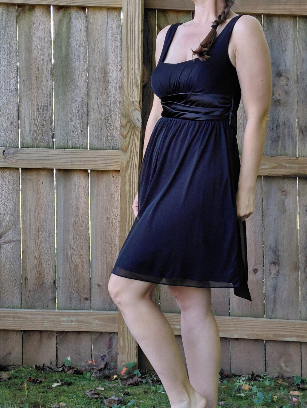 Black Sleeveless Midi Cocktail Dress with Rouched Satin Waist